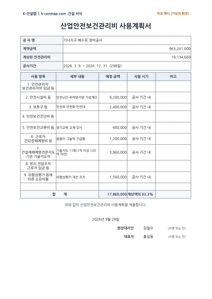 산업안전보건관리비 사용계획서 작성 예시 미리보기