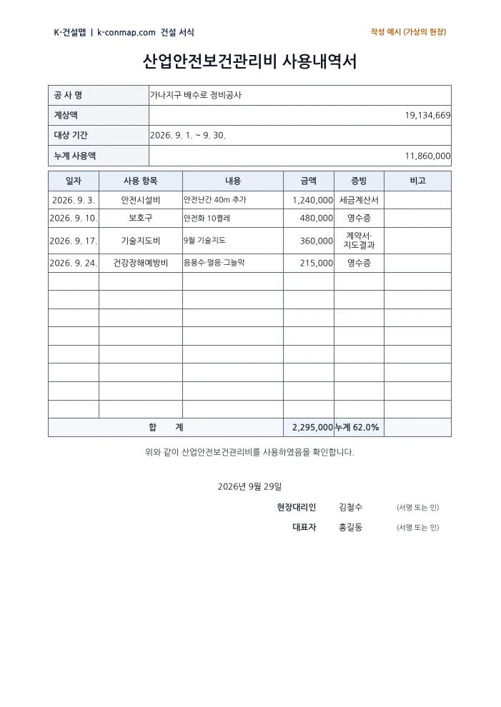 산업안전보건관리비 사용내역서 작성 예시 미리보기