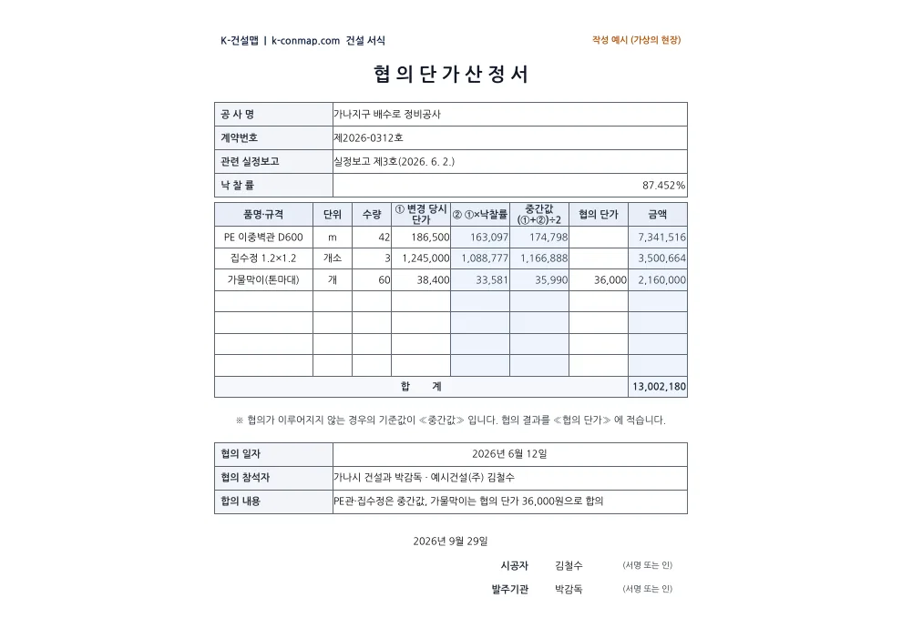 협의단가 산정서 작성 예시 미리보기