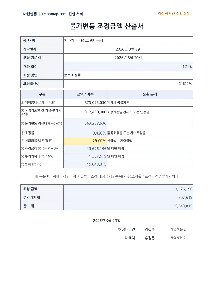 물가변동 조정금액 산출서 작성 예시 미리보기