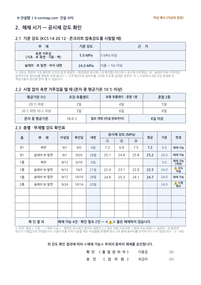 시스템 동바리 해체 계획서 해체 시기 판정 — 작성 예시 (기준 강도 · 평균 · 해체 가능/미달 자동) 미리보기
