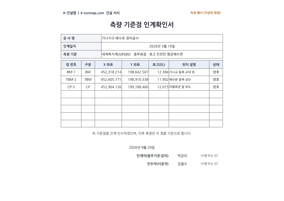 측량 기준점 인계확인서 작성 예시 미리보기