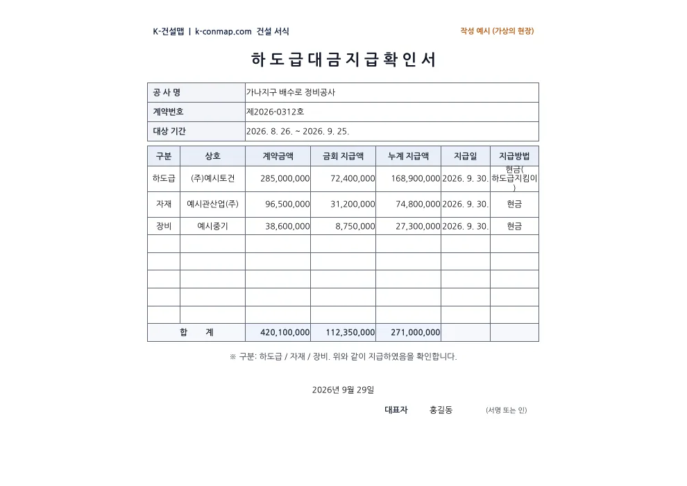 하도급대금 지급확인서 작성 예시 미리보기