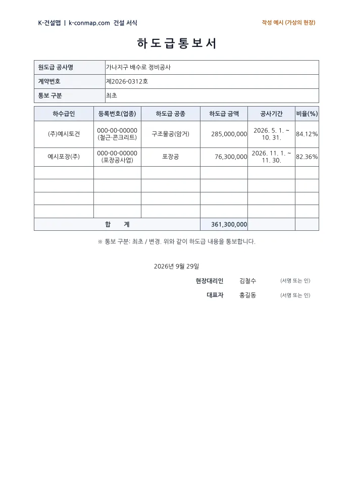 하도급 통보서 작성 예시 미리보기