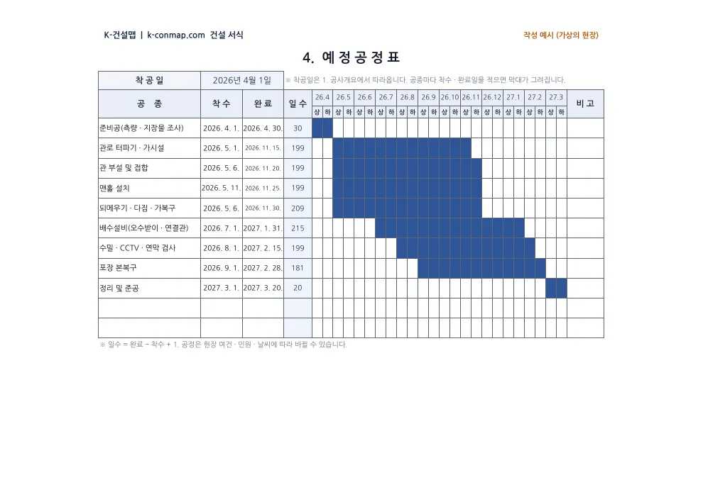하수관거 시공계획서 예정공정표 — 작성 예시 미리보기