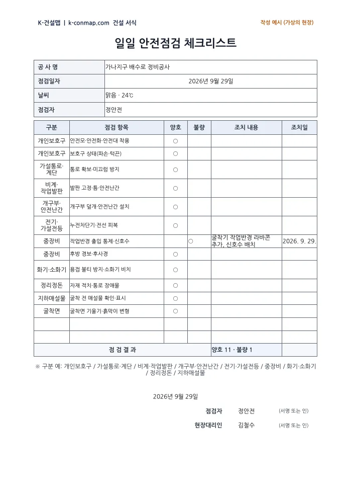 일일 안전점검 체크리스트 작성 예시 미리보기