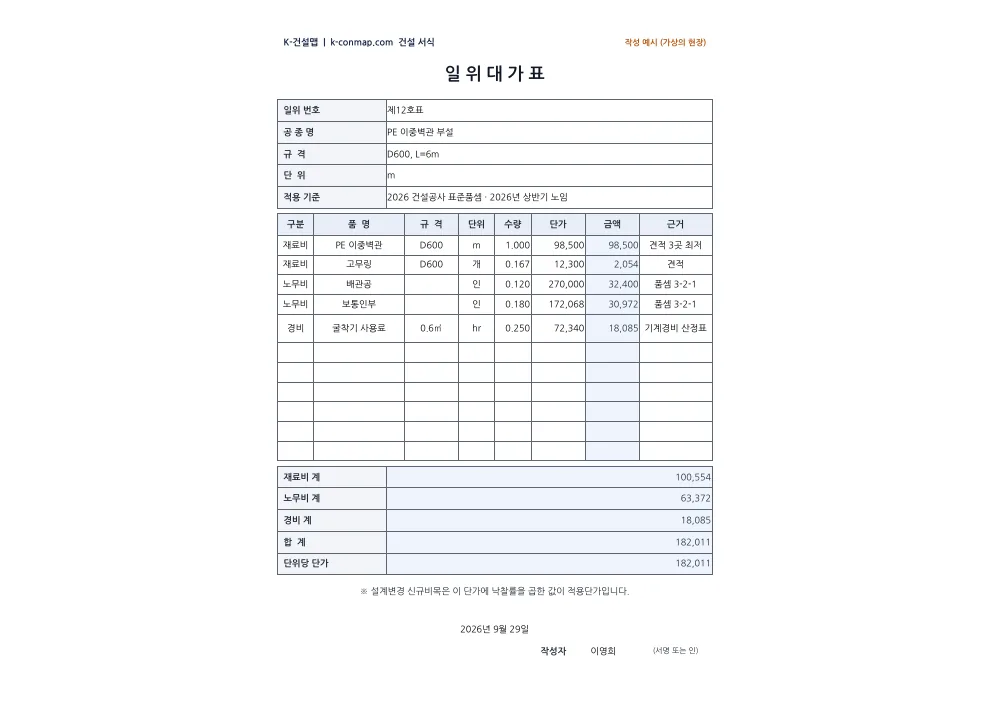 일위대가표 작성 예시 미리보기