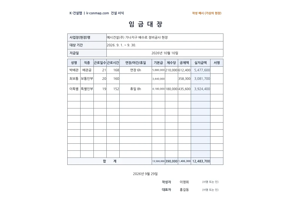 임금대장 작성 예시 미리보기