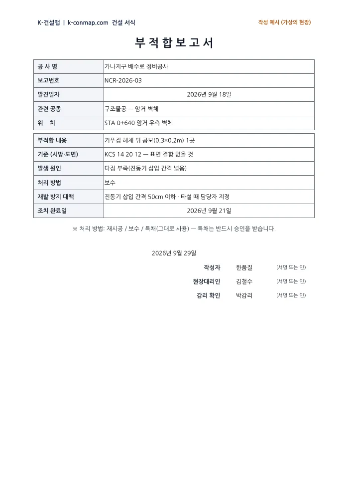 부적합 보고서 작성 예시 미리보기