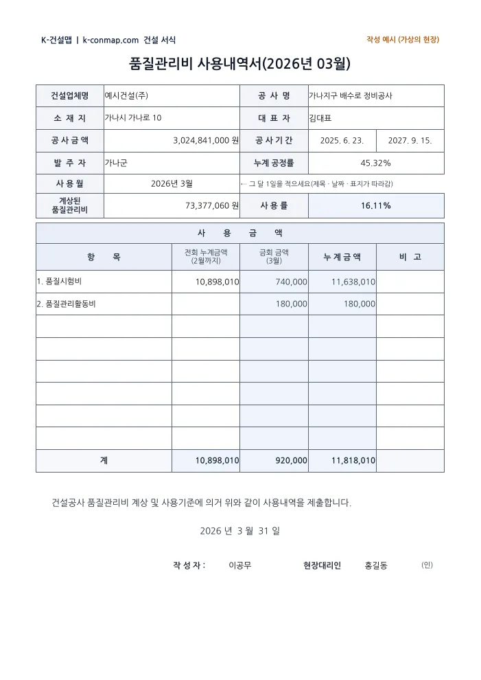 안전·품질관리비 사용내역서 품질관리비 사용내역서 — 작성 예시 미리보기
