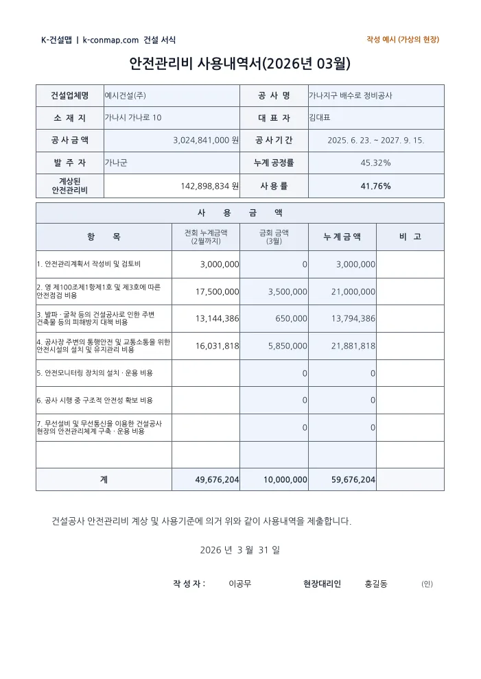 안전·품질관리비 사용내역서 안전관리비 사용내역서 — 작성 예시 미리보기
