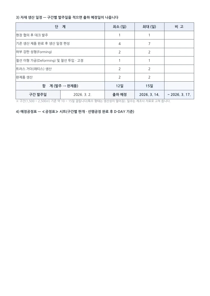 데크플레이트 시공계획서 생산 일정 · 출하 예정 — 작성 예시 미리보기