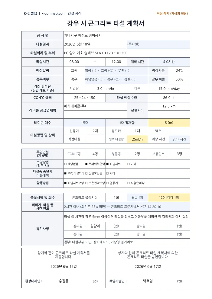 강우 시 콘크리트 타설 계획서 작성 예시 미리보기