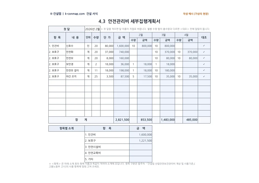 가시설(흙막이) 시공계획서 안전관리비 세부집행계획 — 작성 예시 미리보기