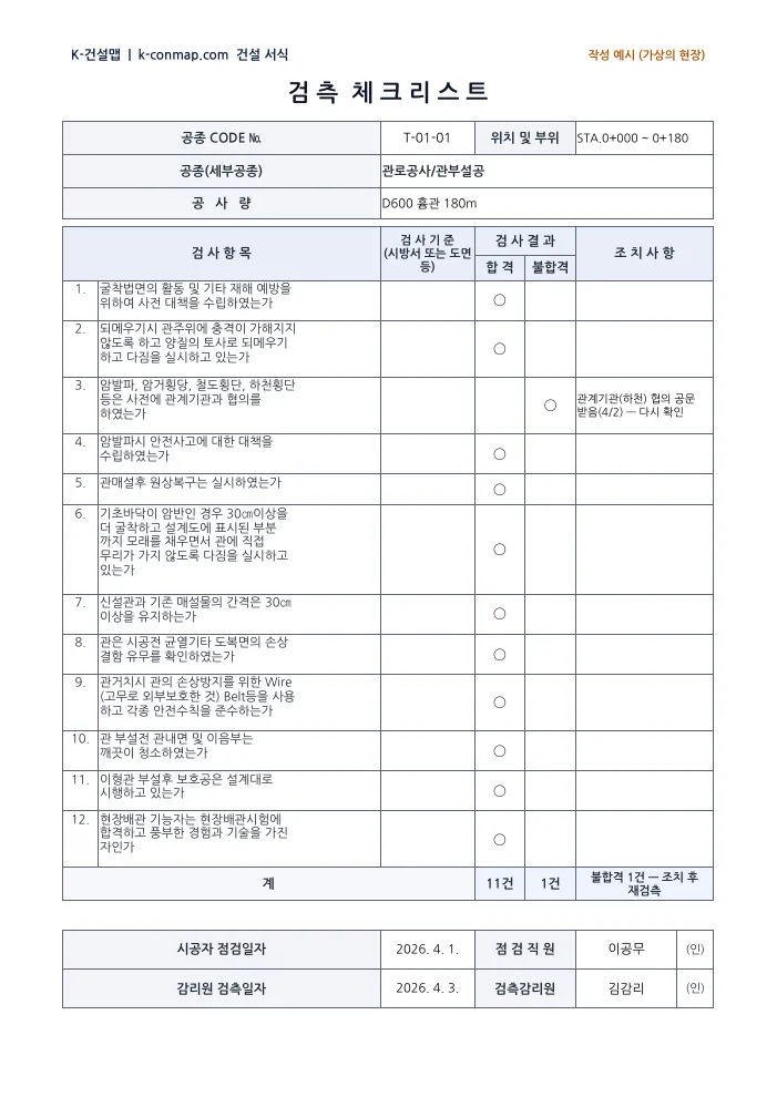 검측체크리스트(300여 공종) 관로공사 · 관부설공 — 작성 예시 미리보기