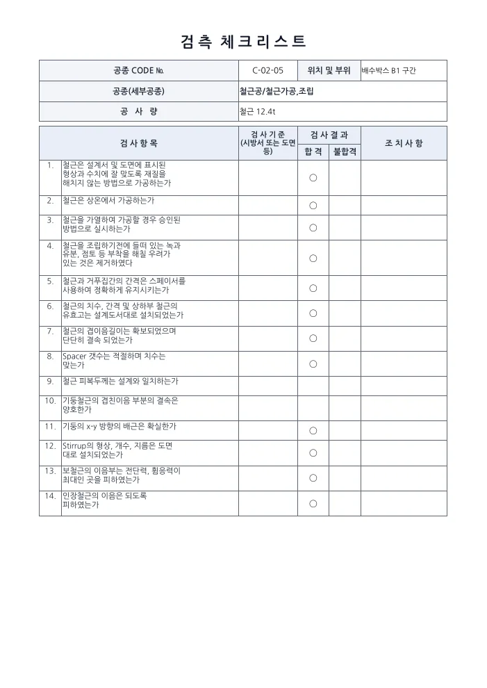 검측체크리스트(300여 공종) 철근공 · 철근가공, 조립 — 작성 예시 미리보기