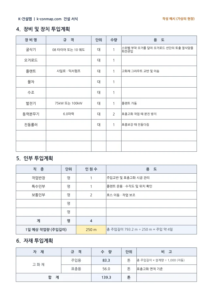 지반개량공사 시공계획서 장비 · 인부 · 자재 투입 — 작성 예시 미리보기