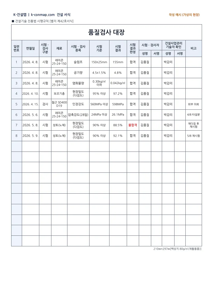 품질검사 대장 작성 예시 미리보기