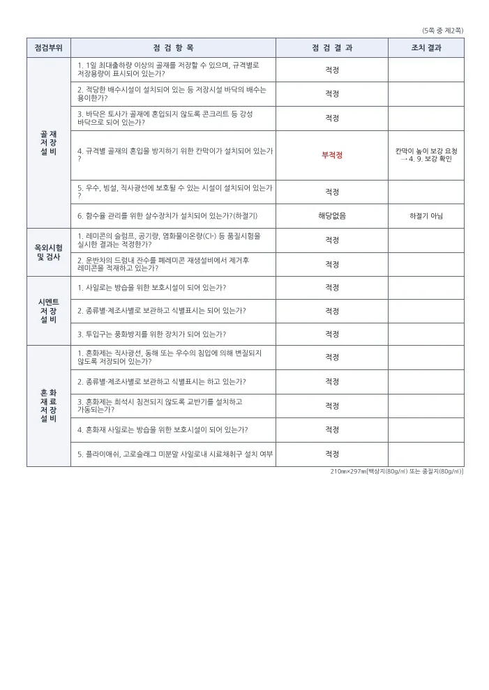 레미콘공장 사전(정기)점검표 2쪽 — 작성 예시 미리보기