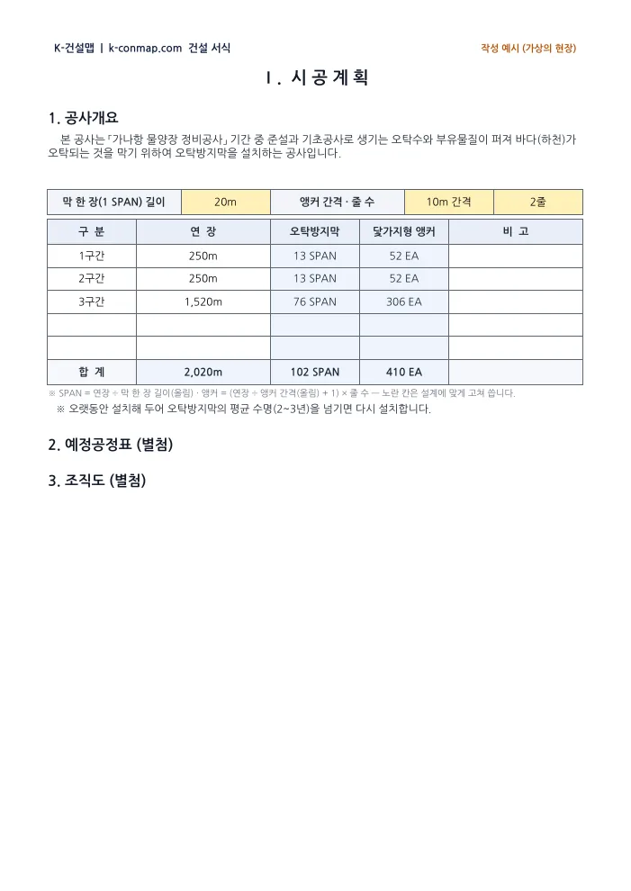오탁방지막 시공계획서 공사개요 — 작성 예시 (SPAN · 앵커 수 자동) 미리보기